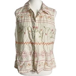 Kim Rogers Sleeveless Button Down Shirt with Embroidery